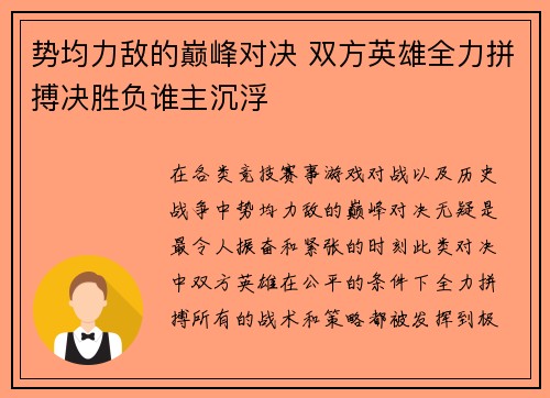 势均力敌的巅峰对决 双方英雄全力拼搏决胜负谁主沉浮