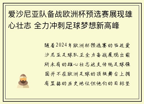 爱沙尼亚队备战欧洲杯预选赛展现雄心壮志 全力冲刺足球梦想新高峰