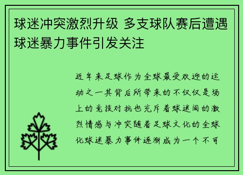 球迷冲突激烈升级 多支球队赛后遭遇球迷暴力事件引发关注
